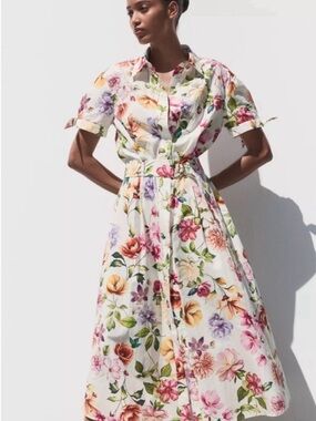 Zara White Floral Belted Shirt Midi Dress